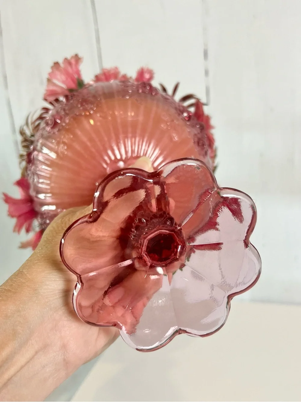Vintage Fenton Pink Glass Compote with Mid Century Plastic Floral Arrangement